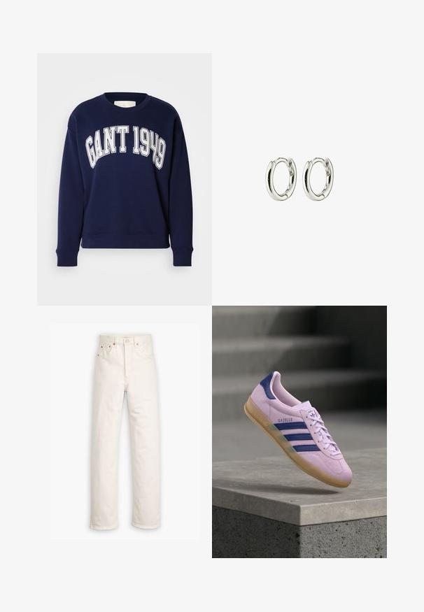 Donkerblauwe sweatshirt van katoen, met een ronde hals en lange mouwen. Op de voorkant staat "GANT 1949" in witte blokletters.; Witte denim jeans met een recht gesneden ontwerp, vijf zakken en koperen hardware accenten. Afgeronde zoom aan de enkels.; Lichtpaarse Adidas Gazelle sneaker met marineblauwe strepen en hieltab, rubberen zool, zwevend boven een stenen richel met vervaagde trappen op de achtergrond.; Zilveren creolen met een gladde, glanzende afwerking. Geronde vorm met een veilige sluiting. Minimalistisch ontwerp met een subtiele draai-detail.