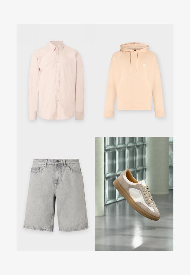 Sweat à capuche beige clair à enfiler avec poche kangourou devant, capuche à cordon, manches longues et petit logo rectangulaire sur le côté gauche de la poitrine.; Chemise rose clair à manches longues avec boutons, col pointu, logo discret sur la poitrine et poignets boutonnés sur un fond blanc uni.; Shorts en jean gris clair avec fermeture par bouton et fermeture éclair, passants pour ceinture et poches avant, présentés sur un fond blanc.; Baskets beige et blanches avec semelle marron clair et logo « BOSS », suspendues au-dessus d’un sol lisse et réfléchissant avec un mur en parpaings de verre en arrière-plan.