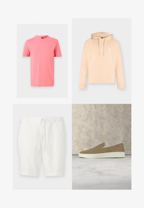 Sweat à capuche beige clair à enfiler avec poche kangourou devant, capuche à cordon, manches longues et petit logo rectangulaire sur le côté gauche de la poitrine.; T-shirt uni rose corail à manches courtes avec col rond et logo de marque en relief discret sur le côté gauche de la poitrine sur fond blanc.; Shorts blancs arrivant aux genoux avec taille élastique et cordon de serrage à l'avant, devant plat et passants pour ceinture.; Chaussure beige sans lacets avec semelle blanche, présentée en suspension sur un tapis clair avec un mobilier transparent de couleur ambre en arrière-plan.