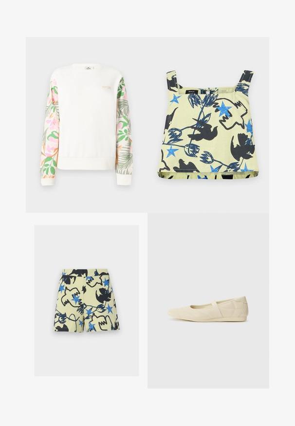 Sweat-shirt blanc à manches longues avec des manches à motif floral pastel et un petit logo "RIP CURL" sur le haut gauche de la poitrine.; Haut court beige sans manches avec des étoiles bleues, des silhouettes d'oiseaux noirs et des motifs floraux abstraits.; Shorts beiges courts présentant un motif abstrait d'oiseaux noirs et d'étoiles bleues dispersés sur le tissu.; Ballerines beiges avec une exterior en cuir lisse, un bout en forme d'amande et une sangle élastique sur le coup de pied, avec des détails de couture subtils.
