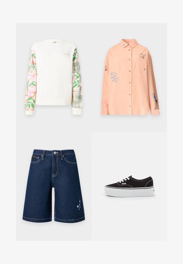 Sweat-shirt blanc à manches longues avec des manches à motif floral pastel et un petit logo "RIP CURL" sur le haut gauche de la poitrine.; Chemise longue à manches longues couleur pêche clair, à boutons, avec col, poche avant et motifs brodés comprenant des oiseaux, des fleurs et des étoiles sur les manches et la poitrine.; Short en jean denim bleu foncé avec poches avant, passants pour ceinture, coutures blanches, fermeture par bouton, et petite broderie blanche en forme d'étoile et de constellation sur la jambe.; Baskets en toile noires avec une semelle en caoutchouc blanc, dotées de lacets et de coutures blanches, marquage emblématique sur le côté, design basse.