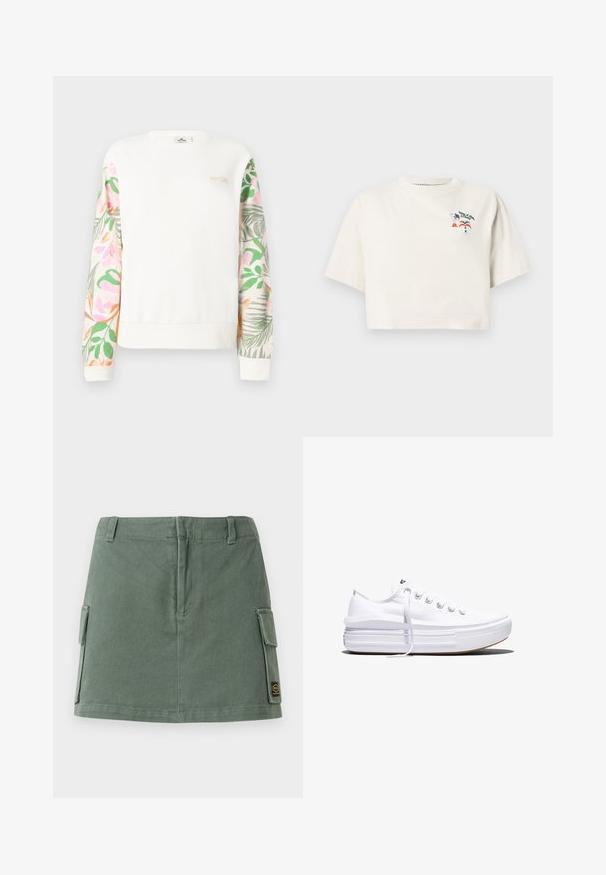 Sweat-shirt blanc à manches longues avec des manches à motif floral pastel et un petit logo "RIP CURL" sur le haut gauche de la poitrine.; T-shirt crème à manches courtes et coupe courte en coton. Présente un graphisme coloré avec le texte « Volcom » et des motifs de pizza et d'arcs-en-ciel.; Jupe en denim vert avec une taille ajustée, deux poches latérales et une patch sur le bas à droite. Texture lisse avec un léger brillant.; Baskets basses blanches en toile avec semelle plateforme épaisse, lacets sur le devant et embout en caoutchouc texturé, vues de profil.
