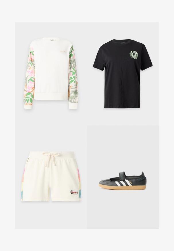 Sweat-shirt blanc à manches longues avec des manches à motif floral pastel et un petit logo "RIP CURL" sur le haut gauche de la poitrine.; T-shirt noir à manches courtes avec un petit symbole yin-yang vert clair entouré d’un motif tourbillonnant sur le haut gauche de la poitrine.; Shorts écru avec cordon de serrage, taille côtelée, poches latérales avec panneaux multicolores et petit logo "Rip Curl" sur la jambe avant droite.; Sneaker en cuir noir et suède avec une sangle Velcro, arborant trois bandes blanches et une semelle en caoutchouc, étiqueté "SAMBA" sur le côté.