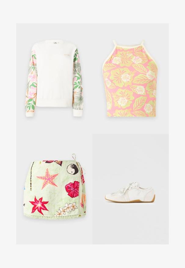 Sweat-shirt blanc à manches longues avec des manches à motif floral pastel et un petit logo "RIP CURL" sur le haut gauche de la poitrine.; Top court dos nu rose avec motifs floraux et feuilles tropicales jaunes et blanches, avec fines bretelles crème et bordures.; Jupe portefeuille vert clair avec lien sur le côté, ornée d’imprimés d’étoiles de mer roses, de fleurs d’hibiscus rouges, de plumerias blancs et du symbole yin-yang.; Baskets blanches avec une tige douce, dotées de lacets clairs, d'un bout arrondi et d'une semelle en caoutchouc couleur gomme. Texture lisse avec des lignes de design courbes.