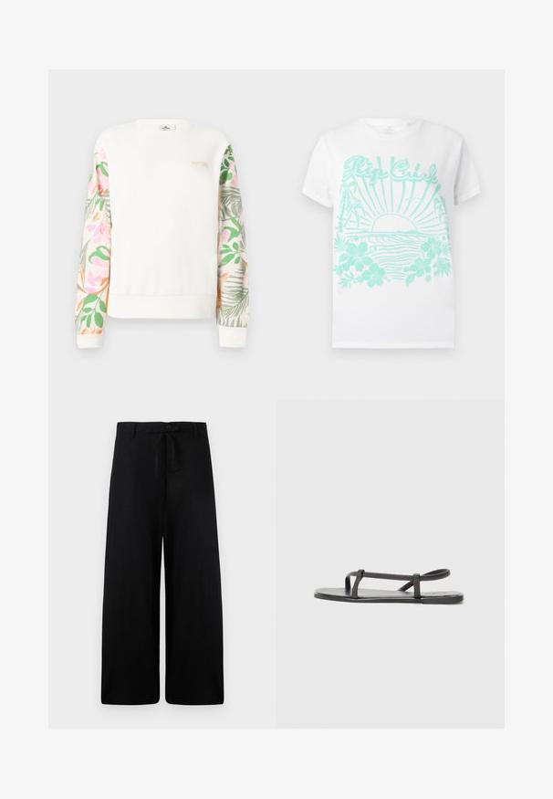 Witte lange mouw trui met pastelgekleurde bloemenpatroon op de mouwen en een klein "RIP CURL" logo op de bovenste linkerborst.; Witte T-shirt met korte mouwen en turquoise print van een zon die ondergaat boven oceaangolven, palmboom, hibiscusbloemen en de tekst "Rip Curl".; Zwarte linnen broek met wijde pijpen, voorzien van een elastische tailleband met koord en een knoopsluiting. Heeft een soepele textuur en een vloeiende silhouet.; Zwarte platte sandalen met dunne, gestructureerde banden en een minimalistisch ontwerp. De zool is glad en de algemene vorm is slank en ingetogen.