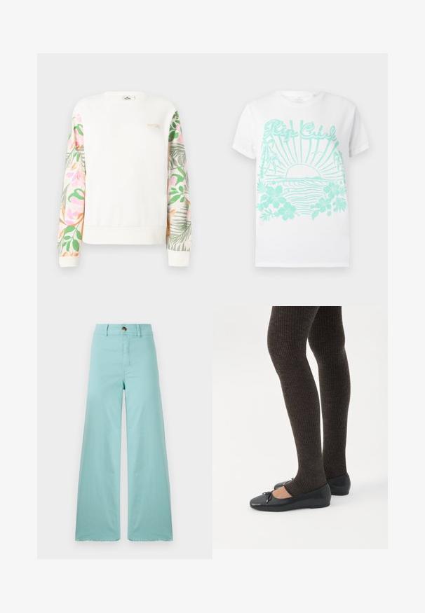 Hvid langærmet sweatshirt med pastel blomsterprint på ærmerne og lille "RIP CURL"-logo på øverste venstre bryst.; Hvid t-shirt med korte ærmer og turkistryk af en solnedgang over havbølger, palmetræer, hibiscusblomster og "Rip Curl" tekst.; Bredde bukser lavet af lyseblå stof med en frynset kant. Har en knaplukning og standard lommer. Glat tekstur hele vejen igennem.; Ben iført mørke ribbede leggings kombineret med sorte balletsko med små sløjfedetaljer på hvid baggrund.