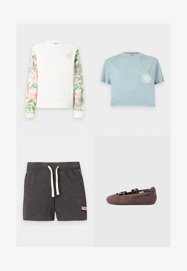 Sweat-shirt blanc à manches longues avec des manches à motif floral pastel et un petit logo "RIP CURL" sur le haut gauche de la poitrine.; T-shirt bleu clair raccourci à manches courtes avec une poche poitrine ornée d'un graphique blanc représentant un soleil et un visage avec le texte "VOLCOM".; Shorts en tricot gris foncé avec cordon blanc, ceinture élastique, poches latérales et petit patch logo Rip Curl sur la jambe droite inférieure.; Ballerine plate en suède marron avec des lanières élastiques et une semelle texturée, vue de profil sur un fond clair uni.