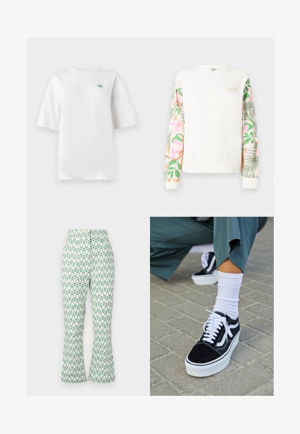 Hvid langærmet sweatshirt med pastel blomsterprint på ærmerne og lille "RIP CURL"-logo på øverste venstre bryst.; Hvid t-shirt lavet af bomuld, med korte ærmer og rund hals. Et lille grønt logo er placeret på venstre brystområde.; Hvide bukser med flared ben, der har et grønt bølget mønster over det hele, lavet af letvægtsmateriale med en glat tekstur.; Sorte ruskinds sneakers med hvide accenter og snørebånd, der har en tyk hvid sål og kontrasterende syninger, parret med en hvid sok.