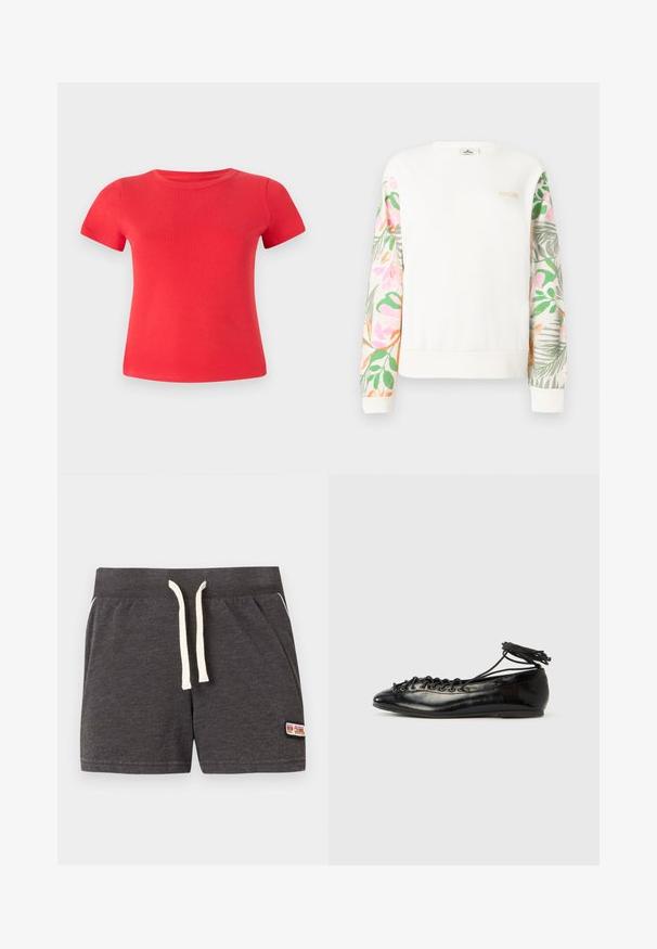Witte lange mouw trui met pastelgekleurde bloemenpatroon op de mouwen en een klein "RIP CURL" logo op de bovenste linkerborst.; Rode katoenen t-shirt met korte mouwen, ronde halslijn en een gladde textuur, met een getailleerde pasvorm en zonder zichtbare patronen of details.; Donkergrijze gebreide shorts met witte trekkoord, elastische tailleband, zijzakken en een kleine Rip Curl-logo patch aan het rechteronderbeen.; Zwarte ballerina's van lakleer met een afgeronde neus, veterdesign en een platte zool. Glad oppervlak met minimale details.