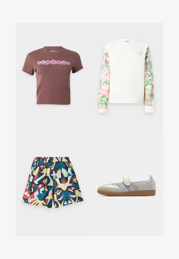 Sweat-shirt blanc à manches longues avec des manches à motif floral pastel et un petit logo "RIP CURL" sur le haut gauche de la poitrine.; T-shirt marron court avec manches courtes, présentant une rangée horizontale de fleurs d'hibiscus roses et le nom de la marque Roxy au-dessus du motif.; Shorts multicolores avec une ceinture élastique, présentant un motif abstrait audacieux en nuances de noir, turquoise, rose, jaune et rouge.; adidas Originals SAMBA JANE BALLERINA - Babies - cloud white/halo blue