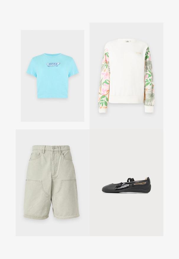 Sweat-shirt blanc à manches longues avec des manches à motif floral pastel et un petit logo "RIP CURL" sur le haut gauche de la poitrine.; T-shirt court bleu clair avec un petit motif skateboard et le texte "ROXY" centré sur la poitrine.; Shorts en denim gris clair avec bouton et fermeture éclair à l'avant, passants pour ceinture, deux poches plaquées avant et poches latérales, style longueur genou.; Chaussure plate noire à enfiler avec une sangle élastique, bout lisse et détail latéral brillant, présentée de profil sur fond neutre.