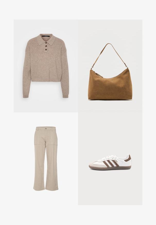 Beige cropped sweater met ribbeltextuur, drie-knopen sluiting en een klassieke kraag. Lange mouwen, zachte stof en een casual ontwerp.; Beige corduroy wijde broek met verticale strepen, voorzien van twee voorkanten zakken en een enkele knoopsluiting. Zachtheid van de stof en een ontspannen pasvorm.; Witte Adidas Samba sneaker met bruine suède strepen, bruine rubberen zool en beige suède neuskap, getoond vanaf de buitenkant op een effen achtergrond.; Bruine suède schoudertas met een enkele band en een ritssluiting aan de bovenkant, gepresenteerd tegen een effen witte achtergrond.