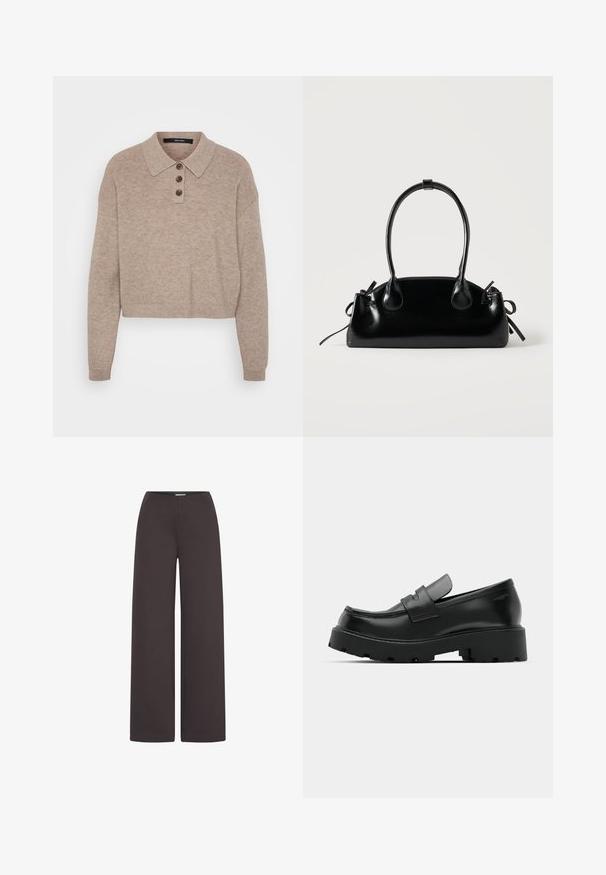 Beige cropped sweater med ribbet tekstur, tre-knaps lukning og klassisk krave. Langærmede, blødt stof og afslappet design.; ICHI IHKATE WIDE PA2 - Bukser - chocolate torte; Sorte læder loafers med en chunky tekstureret sål, der har en rem over vamps og en glat, poleret finish.; Lille sort blank håndtaske med to lange håndtag og snøre-detaljer i siden på en ensfarvet lys baggrund.