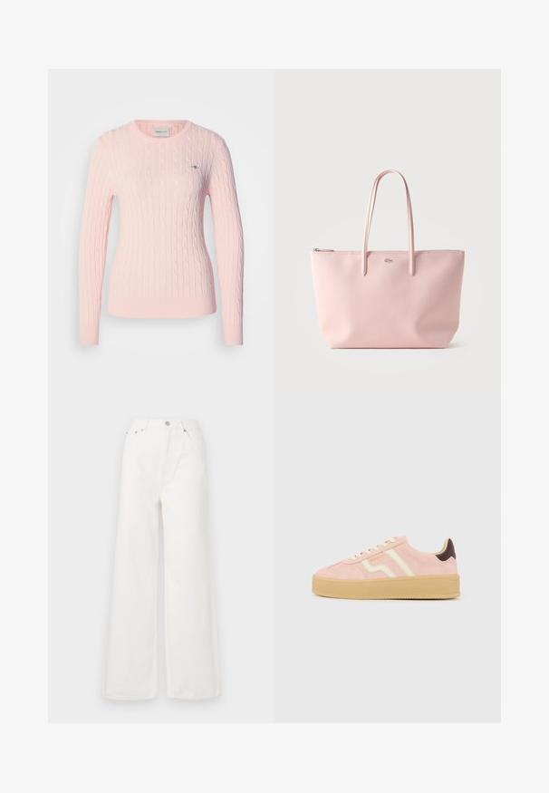 Lyserød kabelstrikket sweater med lange ærmer og rund halsudskæring. Inkluderer lille logo på brystet og ribkant i bunden.; Hvide højtaljede brede jeans lavet af denim. Har frontlommer, knaplukning og afrivede kantdetaljer.; Lyserød ruskindssneaker med beige gummisål, cremefarvet snørebånd, cremefarvede sidestriber, mørkebrun hælaccents og "GANT"-logo på siden.; Lyserød mulepose med lange hanke, lynlåslukning øverst og lille sølv krokodillelogo centreret foran.