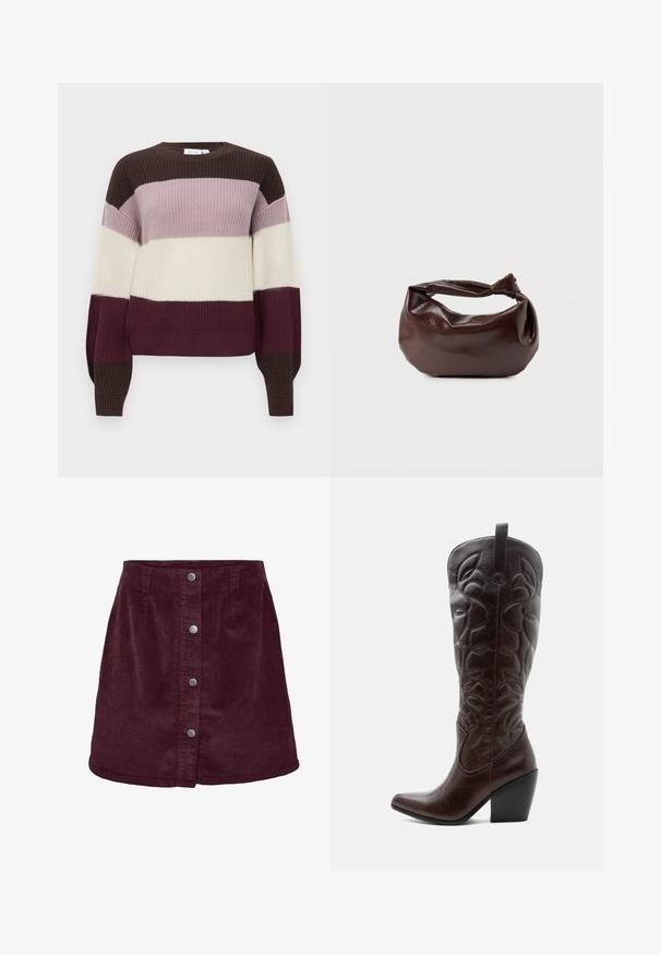 Pull en tricot avec des rayures horizontales marron foncé, violet clair, crème et bordeaux. Encolure ronde et manches longues avec des poignets côtelés.; Jupe mini en velours côtelé bordeaux avec une forme évasée, dotée de cinq boutons argentés sur le devant et d'une texture côtelée subtile.; Botte de cowboy haute en cuir marron foncé avec motifs décoratifs cousus, bout pointu et talon bloc empilé.; Sac bandoulière en cuir marron foncé avec une forme souple et décontractée et une anse nouée torsadée sur un fond blanc uni.