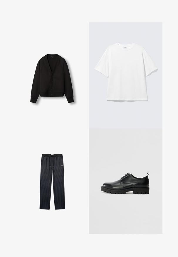 Cardigan noir en matériau doux, avec un col en V, des manches raglan, une fermeture à boutons sur le devant et des poignets et un ourlet côtelés. Détails de logo minimal.; T-shirt blanc oversize à manches courtes, col rond, épaules tombantes, posé à plat sur fond gris clair.; Pantalons de loisirs bleu marine foncé avec des rayures verticales, taille élastique, cordon de serrage, et logo "LES DEUX", présentant une coupe décontractée et large.; Chaussure en cuir noir à bout arrondi, présentant un design à lacets, une semelle en caoutchouc noire robuste et un petit onglet de talon à l'arrière.