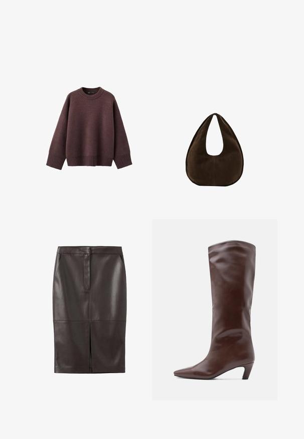 Løs pasform sweater i mørk bordeaux, lavet af blødt strikket stof. Har en ribstrikket rund hals, vide ærmer og en ribstrikket kant.; Mørkebrun lædernederdel i knælængde med frontslids og skjult frontlukning.; Brun læderstøvle, der går til knæet, med spids tå og tilspidset hæl. Glat tekstur med et strømlinet, minimalistisk design.; Mørkebrun ruskind skuldertaske formet som en halvmåne med en bred rem og glat tekstur på en hvid baggrund.