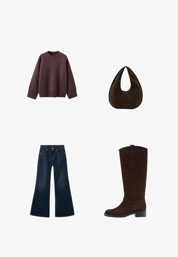 Pull ample de couleur bordeaux foncé, en tissu tricoté doux. Il présente un col rond côtelé, de larges manches et un ourlet côtelé.; Jean évasé en denim bleu foncé avec une taille haute, un design à cinq poches et des surpiqûres contrastées. Texture lisse avec une ouverture large au niveau des jambes.; Botte haute en daim marron foncé avec un petit talon empilé et un bout arrondi, équipée d'une lanière au sommet de la tige.; Sac à main en daim marron foncé en forme de croissant avec une seule sangle large et une texture lisse sur fond blanc.