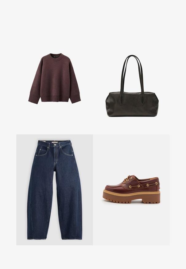 Løs pasform sweater i mørk bordeaux, lavet af blødt strikket stof. Har en ribstrikket rund hals, vide ærmer og en ribstrikket kant.; Mørkeblå denim jeans med løs pasform, lyse syninger, fem lommer og en knaplukning ved taljen.; Brune læder bådsko med en kraftig brun gummisål, gyldne snørehuller og kontraststing. Har et logo på siden.; Sort lædertaske i rektangulær form med lange dobbelte skulderremme og en struktureret overflade, vist mod en ensfarvet hvid baggrund.
