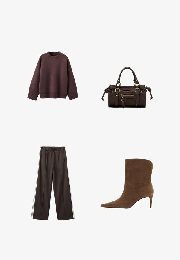 Pull ample de couleur bordeaux foncé, en tissu tricoté doux. Il présente un col rond côtelé, de larges manches et un ourlet côtelé.; Pantalon noir à jambes larges avec taille élastique, poches latérales et bandes blanches sur les côtés. Tissu lisse avec une coupe ajustée.; Bottine en daim brun avec un bout pointu et un talon fin, présentant un design supérieur épuré et une texture lisse.; Sac à main en cuir marron foncé avec double poignée, poche avant zippée, boucles décoratives et nœuds latéraux sur fond blanc.