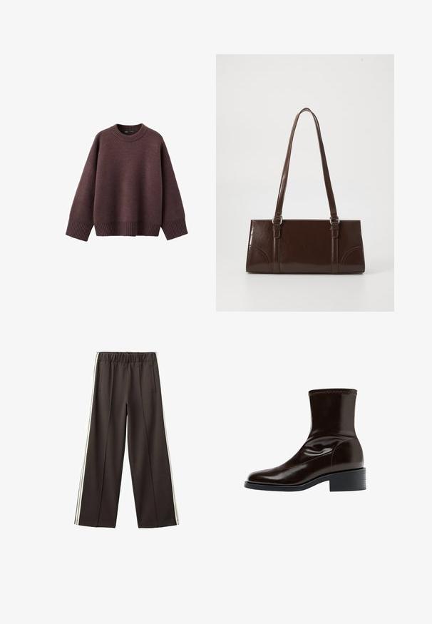 Løs pasform sweater i mørk bordeaux, lavet af blødt strikket stof. Har en ribstrikket rund hals, vide ærmer og en ribstrikket kant.; Sorte bukser med vide ben, der har elastisk talje, sidelommer og hvide sidelister. Glat stof med en skræddersyet pasform.; Mørkebrun læderankelstøvle med firkantet tå, lav blokhæle og stikning langs øverste kant, vist i sideprofil.; Brun lakeret håndtaske med rektangulær form, to lange håndtag og subtile buede detaljer på fronten.