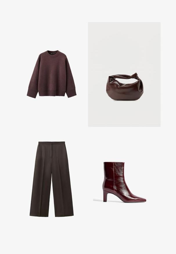 Locker geschnittener Pullover in dunklem Burgunderrot aus weichem Strickstoff. Mit einem gerippten Rundhalsausschnitt, weiten Ärmeln und einem gerippten Saum.; Schwarze Hose mit weitem Bein, hohem Bund, vorderen Falten und Seitentaschen, entworfen für formelle oder geschäftliche Anlässe.; Burgunderfarbene Leder-Ankle-Boots mit spitzem Zeh, schlankem Design und mittelhohem Blockabsatz. Glatte Oberfläche und minimale Nahtdetails.; Dunkelbraune Lederschultertasche mit weicher, lockerer Form und einem gedrehten Knotengriff vor schlichtem weißem Hintergrund.