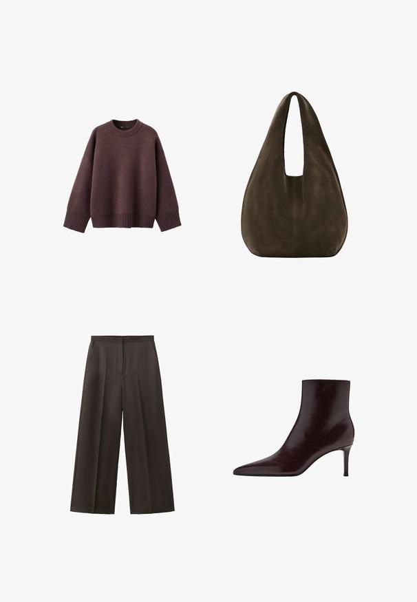 Pull ample de couleur bordeaux foncé, en tissu tricoté doux. Il présente un col rond côtelé, de larges manches et un ourlet côtelé.; Pantalon noir à jambes larges avec taille haute, plis avant et poches latérales, conçu pour une tenue formelle ou professionnelle.; Bottine en cuir bordeaux avec un bout pointu, un design épuré et un haut talon aiguille. Texture lisse avec un discret grain.; Sac hobo en daim marron foncé doux avec une large bandoulière unique et un fond arrondi sur fond blanc.