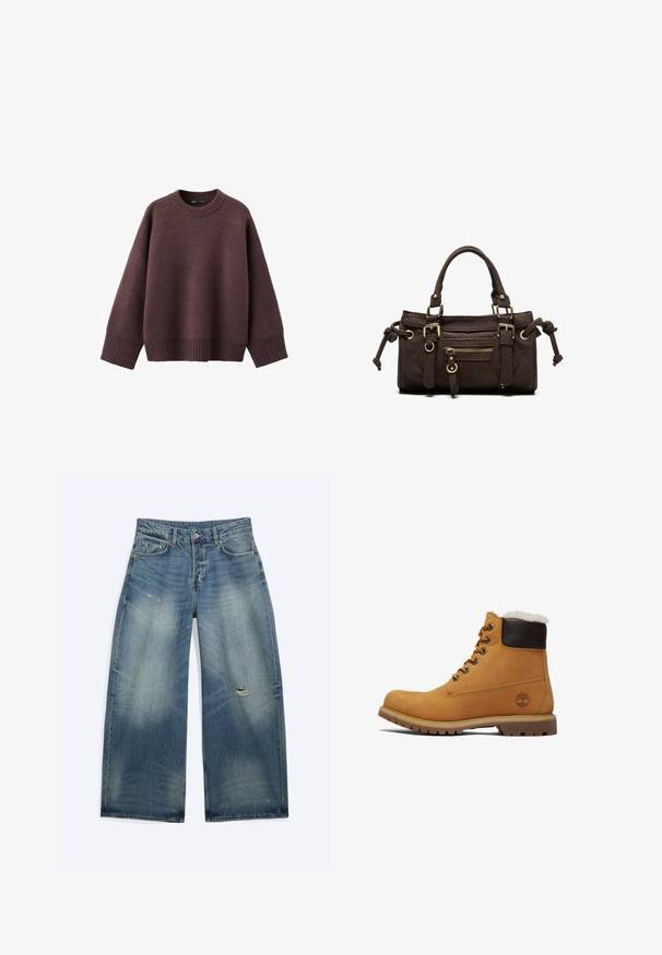 Løs pasform sweater i mørk bordeaux, lavet af blødt strikket stof. Har en ribstrikket rund hals, vide ærmer og en ribstrikket kant.; Blå løstsiddende denimjeans med falmede områder og en lille rift på højre lår, med forlommer og bæltestropper.; Brune læder ankelstøvle med en mørkebrun polstret krave, metaløjer og en tekstureret, holdbar sål. Har et logo nær hælen.; Mørkebrun læderhåndtaske med dobbelte håndtag, forreste lynlåslomme, dekorative spænder og sideknuder på hvid baggrund.