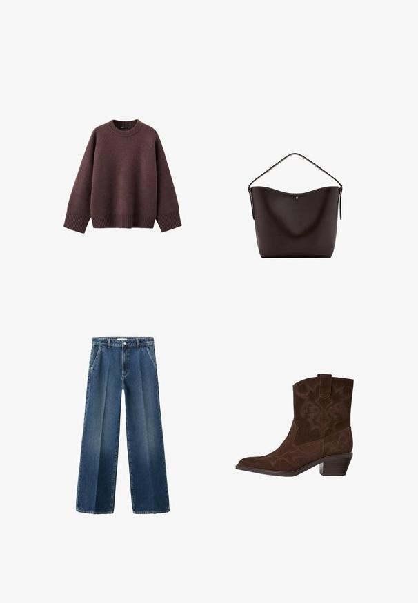 Løs pasform sweater i mørk bordeaux, lavet af blødt strikket stof. Har en ribstrikket rund hals, vide ærmer og en ribstrikket kant.; Bredbenede blå denimjeans med høj talje, der har forlommer, knaplukning og et let falmet mønster på stoffet.; Brune ruskinds cowboystøvle med spids tå, dekorative syninger, ankelhøjde og en stablet hæl. Har en pull tab for nem påtagning.; Mørkebrun læder skuldertaske med en enkelt strop og en lille guldknapdetalje midt foran.