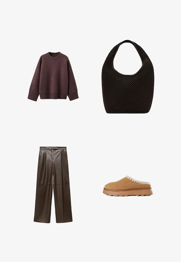 Løs pasform sweater i mørk bordeaux, lavet af blødt strikket stof. Har en ribstrikket rund hals, vide ærmer og en ribstrikket kant.; Brune læder brede bukser med en glat tekstur, der har folder foran og et klassisk taljebånddesign.; Brune ruskind slip-on sko med en tekstureret overdel, der har dekorativ beige syning langs kanten og en tykk gummisål.; Sort åbenvævet mesh-tote med rundet topgreb og bredt, buet kropsdesign.