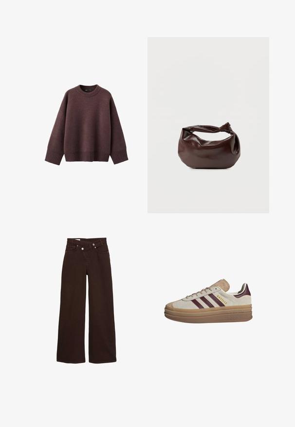 Løs pasform sweater i mørk bordeaux, lavet af blødt strikket stof. Har en ribstrikket rund hals, vide ærmer og en ribstrikket kant.; Brune vide ben jeans med høj talje, front lynlås og knaplukning, der har for- og baglommer.; Beige ruskinds sneakers med maroon striber, hvide accenter, en kraftig gennemsigtig sål og forhøjet branding på siden. Snørebåndsdesign.; Mørkebrun læder skuldertaske med en blød, afslappet form og et snoet knudehåndtag på en ensartet hvid baggrund.