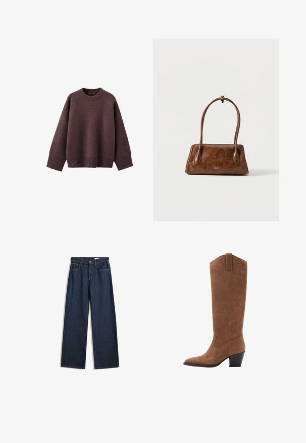 Løs pasform sweater i mørk bordeaux, lavet af blødt strikket stof. Har en ribstrikket rund hals, vide ærmer og en ribstrikket kant.; Bredde ben mørke denimjeans med fem lommer, synlig syning og knaplukning. Har en lige pasform og let slid.; Brune ruskinds knæhøje støvler med spids tå, skrå hæl og dekorativ syning på skaftet. Glat tekstur og tilspidset design.; Brun læderhåndtaske med lange håndtag, rektangulær form og lille sølvfarvet DKNY-logo centreret foran.