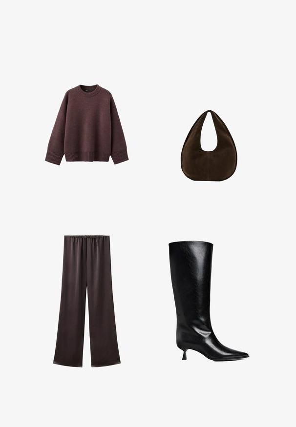Pull ample de couleur bordeaux foncé, en tissu tricoté doux. Il présente un col rond côtelé, de larges manches et un ourlet côtelé.; Pantalon en soie marron foncé, ample, avec une taille élastique et des jambes droites larges.; Boot en cuir noir, montant jusqu'au genou, avec un bout pointu, une silhouette élancée et un talon carré bas, le tout avec une finition brillante.; Sac à main en daim marron foncé en forme de croissant avec une seule sangle large et une texture lisse sur fond blanc.