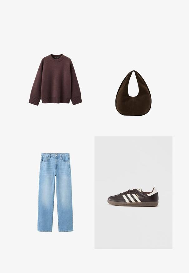 Pull ample de couleur bordeaux foncé, en tissu tricoté doux. Il présente un col rond côtelé, de larges manches et un ourlet côtelé.; Jean en denim bleu clair avec une coupe droite, style cinq poches, passants pour ceinture et légère décoloration pour un look décontracté.; Baskets en cuir marron foncé avec un design à trois bandes blanches, une semelle en caoutchouc et l'inscription "Samba" en lettres dorées sur le côté. Forme classique basse.; Sac à main en daim marron foncé en forme de croissant avec une seule sangle large et une texture lisse sur fond blanc.