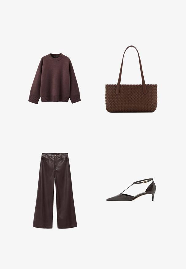 Løs pasform sweater i mørk bordeaux, lavet af blødt strikket stof. Har en ribstrikket rund hals, vide ærmer og en ribstrikket kant.; Brune faux læder wide-leg bukser med høj talje, der har forlommer og klassisk knaplukning. Glat tekstur og mat finish.; Sorte læder damesko med spids tå, lav hæl, T-strop og guld spænde lukning på hvid baggrund.; Brun læderhåndtaske med et vævet teksturmønster, med to lange, slanke håndtag til skulderbæring.
