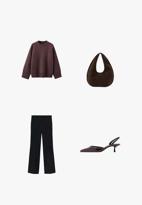 Løs pasform sweater i mørk bordeaux, lavet af blødt strikket stof. Har en ribstrikket rund hals, vide ærmer og en ribstrikket kant.; Sorte bukser med lige pasform, lavet af glat stof. Har en talje med bæltestropper og ingen synlige mærker eller dekorationer.; Mørkebrune lersko med ankelrem og spids tå samt lav kitten-hæl mod hvid baggrund.; Mørkebrun ruskind skuldertaske formet som en halvmåne med en bred rem og glat tekstur på en hvid baggrund.