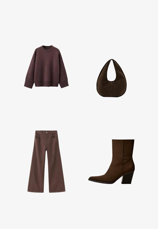 Løs pasform sweater i mørk bordeaux, lavet af blødt strikket stof. Har en ribstrikket rund hals, vide ærmer og en ribstrikket kant.; Brune brede jeans lavet af denim. Har fem lommer, lynlås og metalnitter. Glat tekstur og klassisk design.; Brun ruskinds ankelstøvle med spids tå og kraftig hæl, der har et minimalistisk design og en glat tekstur mod en hvid baggrund.; Mørkebrun ruskind skuldertaske formet som en halvmåne med en bred rem og glat tekstur på en hvid baggrund.