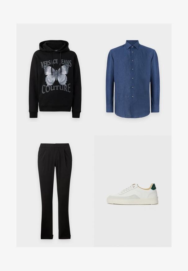 Čierna mikina s kapucňou vyrobená z bavlny, s veľkým sivým motýlím grafickým dizajnom a textom "VERSACE JEANS COUTURE" v tučnom písme.; Tmavomodrá košeľa s dlhým rukávom vyrobená z jemne textúrovaného materiálu. Má klasický golier a šesť gombíkov na prednej strane.; Čierne nohavice vyrobené z hladkej tkaniny s elastickým pásom, s rovnými nohavicami, prednými sklady a obrúbenými spodkami. Jednoduchý a univerzálny dizajn.; Biele tenisky s semišovými akcentmi, zaoblenou špičkou, plochými šnúrkami a krémovou gumovou podrážkou. Na päte sú zelené značky.
