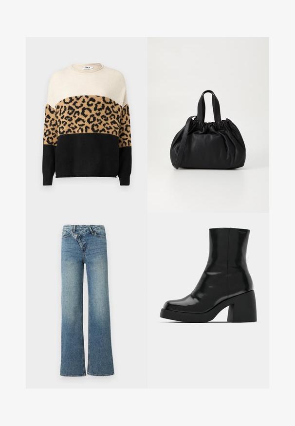 Strikket sweater med rund hals. Har cremefarvede, beige og sorte sektioner med et leopardmønster på den beige del. Blød tekstur.; Lyseblå denim jeans med vide ben og høj talje, let falmet effekt og knaplukning foran. Har fem lommer og minimal syning.; Sorte ankelstøvler med en blank finish, firkantet tå og en tyk blokhæl. Designet har en strømlinet silhuet og minimal branding.; Sort læderhåndtaske med en samlet topdesign, der har to korte håndtag og en lang justerbar rem. Glat overflade, rund form.