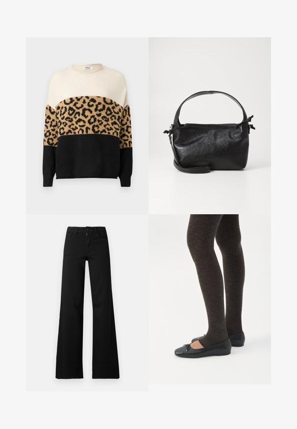 Strikket sweater med rund hals. Har cremefarvede, beige og sorte sektioner med et leopardmønster på den beige del. Blød tekstur.; Sorte højtaljede bukser med vide ben med lukning foran med knap og lynlås, bæltestropper og forlommer på hvid baggrund.; Ben iført mørke ribbede leggings kombineret med sorte balletsko med små sløjfedetaljer på hvid baggrund.; Sort læderhåndtaske med et struktureret design, rund tophåndtag og aftagelig skulderrem. Den har en glat tekstur og en subtil glans.