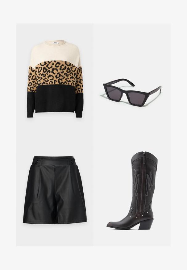 Strikket sweater med rund hals. Har cremefarvede, beige og sorte sektioner med et leopardmønster på den beige del. Blød tekstur.; Sorte faux lædershorts med plisseret front, brede ben og knapdetaljer på taljen. Glat tekstur, skræddersyet design.; Brune læder cowboystøvler med flammebroderi, sidelukning med lynlås, sølvnitter, spids snude og lagdelt hæl.; Sorte, kantede solbriller med grå linser; lavet af plast, med tykke stænger med en glat overflade og ingen synlig hardware.