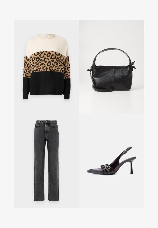 Strikket sweater med rund hals. Har cremefarvede, beige og sorte sektioner med et leopardmønster på den beige del. Blød tekstur.; Grå denim lige ben jeans med en falmet finish, fem lomme design og knap-gylp lukning. Har klassisk syning langs sømmene.; Sort slingback højhælet sko i laklæder med spids tå og tre dekorative spænder over vristen.; Sort læderhåndtaske med et struktureret design, rund tophåndtag og aftagelig skulderrem. Den har en glat tekstur og en subtil glans.
