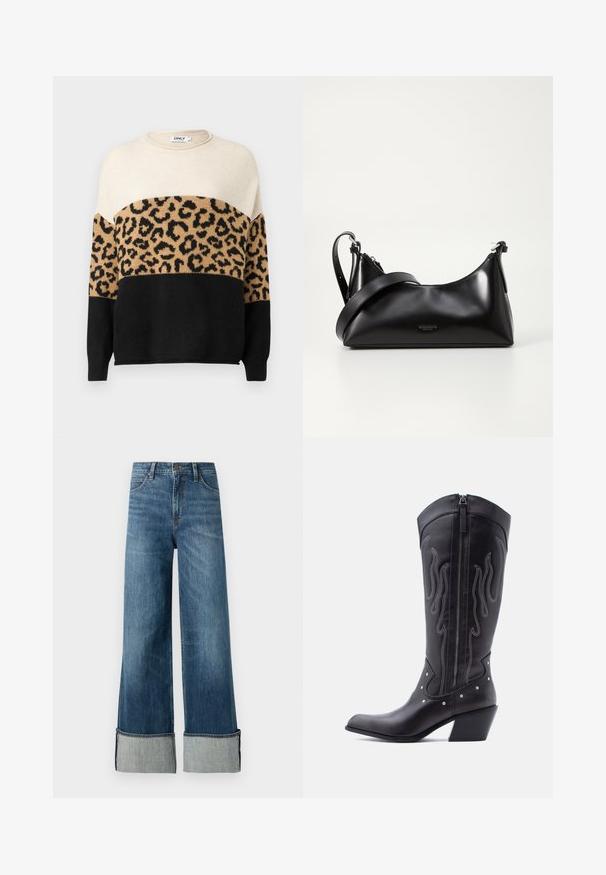 Suéter de punto con cuello redondo. Presenta secciones en crema, beige y negro con un patrón de estampado de leopardo en el área beige. Textura suave.; Lee STELLA - Pernera ancha - richter; Botas vaqueras de cuero negro con puntera puntiaguda, costuras visibles, detalles de tachuelas plateadas y cierre de cremallera en el lado interior.; Bolso de mano de cuero negro con una textura suave. Cuenta con una correa ajustable y un diseño elegante y minimalista con cierre de cremallera.