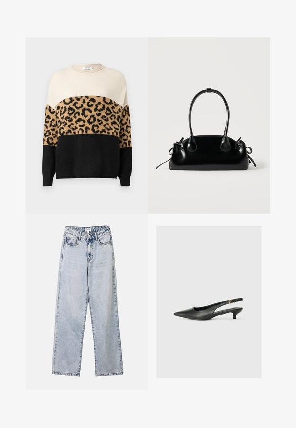 Strikket sweater med rund hals. Har cremefarvede, beige og sorte sektioner med et leopardmønster på den beige del. Blød tekstur.; Lysblå lige ben jeans lavet af denim, med to frontlommer, en knaplukning og kontraststing langs sømmene.; Sorte spidse slingback-sko lavet af glat læder. Har en tynd hæl og en spænde detalje på den justerbare rem.; Lille sort blank håndtaske med to lange håndtag og snøre-detaljer i siden på en ensfarvet lys baggrund.