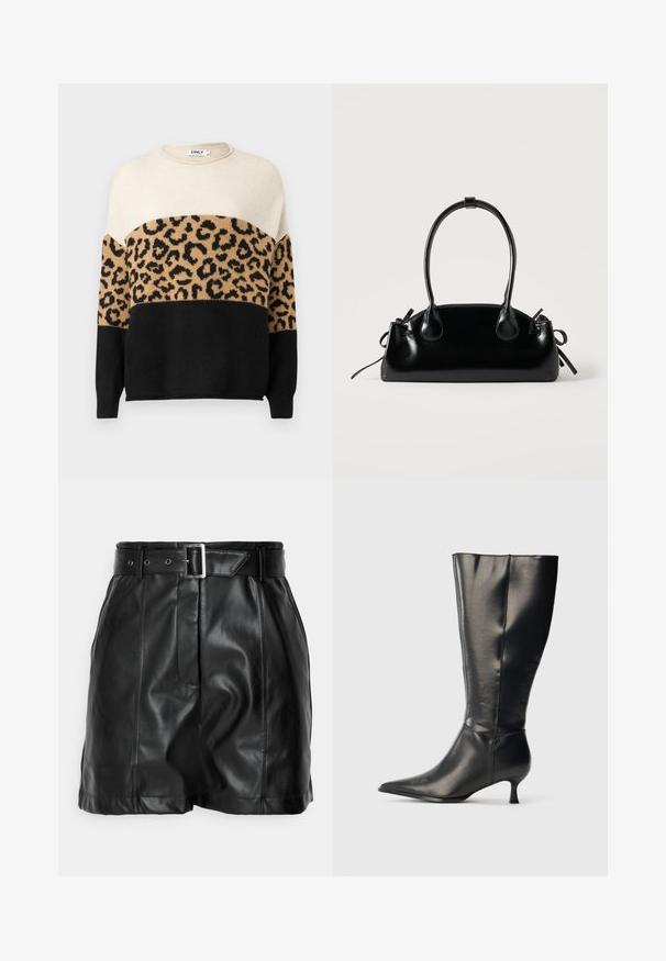 Strikket sweater med rund hals. Har cremefarvede, beige og sorte sektioner med et leopardmønster på den beige del. Blød tekstur.; Sorte lædershorts med en glat overflade, høj talje og et bredt bælte med en rektangulær sølvspænde. Plisseret design foran.; Sort knæhøj læderstøvle med spids tå og lav kittenhæl, vist på en enkel lys baggrund.; Lille sort blank håndtaske med to lange håndtag og snøre-detaljer i siden på en ensfarvet lys baggrund.