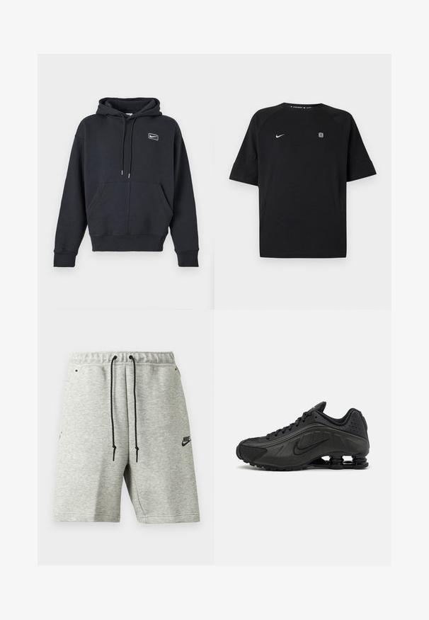 Čierna mikina Nike s kapucňou, predným vreckom, šnúrkou na kapucni a malým bielym logom na ľavej strane hrudníka na neutrálnom pozadí.; Čierne športové tričko Nike s krátkym rukávom a bielym logom swoosh na ľavej strane hrude a malým štvorcovým emblémom na pravej strane hrude, jednofarebné pozadie.; Svetlosivé kraťasy Nike s čiernymi šnúrkami, elastickým pásom, bočnými vreckami a malým čiernym logom Nike na ľavej nohe.; Čierne bežecké topánky s hladkým syntetickým zvrškom, perforovanými akcentmi, textúrovanými bočnými panelmi a výraznou pružnou podrážkou.
