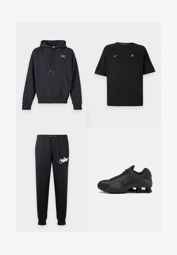Μαύρο φούτερ Nike με μπροστινή τσέπη, κουκούλα με κορδόνι και μικρό λευκό λογότυπο στο αριστερό στήθος, σε ουδέτερο φόντο.; Μαύρο αθλητικό μπλουζάκι Nike με κοντά μανίκια, λευκό λογότυπο swoosh στο αριστερό στήθος και μικρό τετράγωνο έμβλημα στο δεξί στήθος, απλό φόντο.; Μαύρο παντελόνι φόρμας από μαλακό ύφασμα με ελαστική μέση και κορδόνι. Διαθέτει λευκό κεντημένο λογότυπο Nike στο πόδι.; Μαύρα αθλητικά παπούτσια με λείο συνθετικό άνω μέρος, διάτρητες λεπτομέρειες, υφή στις πλευρές και ξεχωριστή ελαστική σόλα.