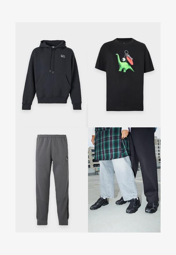 Sudadera negra de Nike con bolsillo frontal tipo canguro, capucha con cordón y pequeño logo blanco en el pecho izquierdo sobre un fondo neutro.; Camiseta negra con un gráfico de un dinosaurio verde que incluye detalles de un ojo y un llavero. El diseño es divertido y moderno, ideal para uso casual.; Pantalones de chándal grises hechos de una tela suave con una cintura elástica, piernas ajustadas, paneles laterales y un parche de logo circular.; Zapatillas deportivas negras con acentos de malla y goma. Combinadas con jeans de pierna ancha de color gris claro y una blusa de cuadros verdes. Fondo de superficie plana.