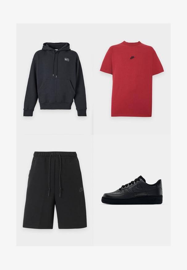 Μαύρο φούτερ Nike με μπροστινή τσέπη, κουκούλα με κορδόνι και μικρό λευκό λογότυπο στο αριστερό στήθος, σε ουδέτερο φόντο.; Κόκκινη βαμβακερή μπλούζα με μαύρο λογότυπο Nike στο στήθος, κοντά μανίκια, στρογγυλή λαιμόκοψη και κανονική εφαρμογή. Ομαλή υφή.; Μαύρο αθλητικό σορτς Nike με ελαστική μέση, κορδόνι ρύθμισης, πλαϊνές τσέπες και διακριτικό λογότυπο στο αριστερό μηρό.; Μαύρο παπούτσι Nike Air Force 1 με λείο δερμάτινο άνω μέρος, τρυπητή μύτη για αναπνοή, μαύρες κορδόνες και υφή ελαστικής σόλας.