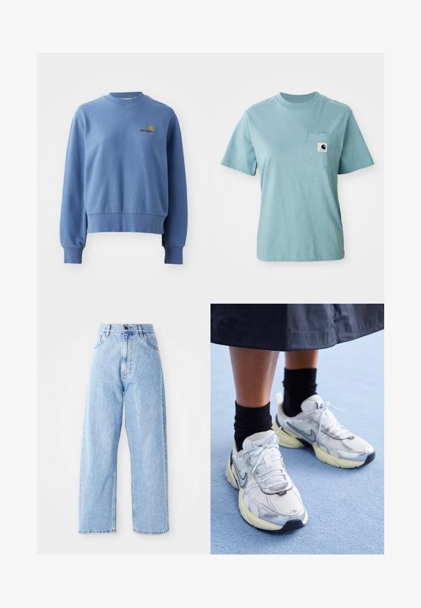 Blå bomulds sweatshirt med ribbede ærmer og nederkant. Har et lille broderet logo på brystet. Rund halsudskæring, afslappet pasform.; Lyseblå kortærmet bomulds T-shirt med brystlomme og et lille sort-hvidt Carhartt logo patch.; Højhalset lysblå denimjeans med lige vide ben, frontknap, lynlås lukning samt front- og baglommer.; Hvide og sølv Nike sneakers med mesh-stof, reflekterende detaljer og en beige sål. Bæres med sorte sokker og står på en blå overflade.